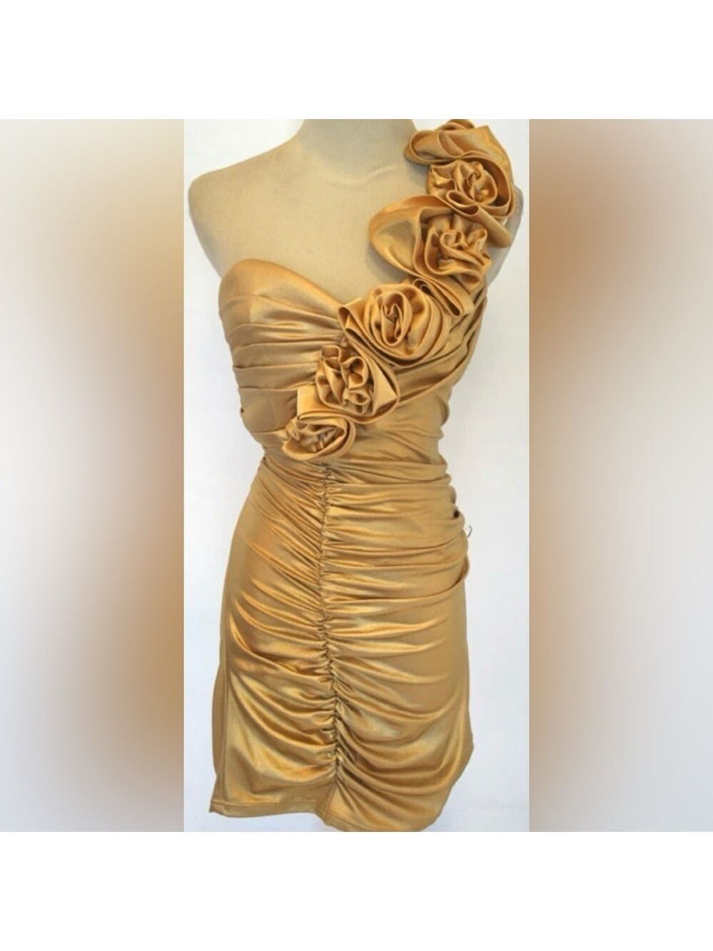 ROBERTA Elegant Gold One-Shoulder Roses Detail Straps Mini Dress